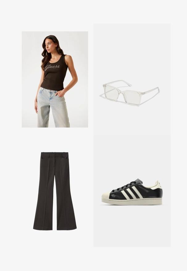 Top a righe marrone con logo "Guess" in dettagli argentati, abbinato a jeans a gamba larga blu chiaro.; Pantaloni neri a zampa d'elefante con vita alta; presentano due tasche frontali e una texture del tessuto liscia. Adatti per varie occasioni.; Sneaker in pelle nera con strisce bianche, punta in gomma, lacci neri e suola di colore crema. Texture liscia con finitura brillante.; Occhiali da sole quadrati in plastica trasparente con lenti traslucide, caratterizzati da dettagli in oro sulle tempie.