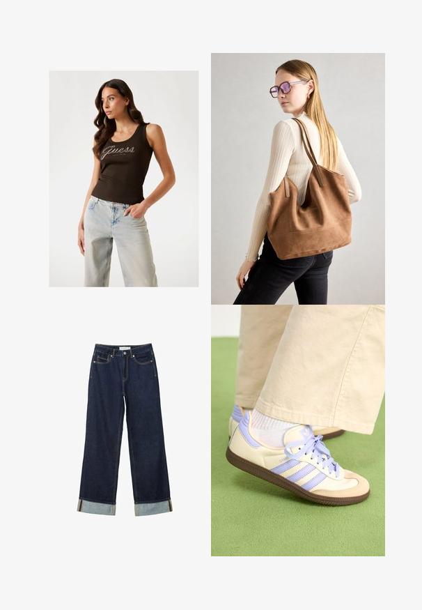 Brązowy, prążkowany top na ramiączkach z logo "Guess" w srebrnych zdobieniach, w połączeniu z jasnoniebieskimi szerokimi spodniami dżinsowymi.; Ciemnoniebieskie dżinsy o szerokich nogawkach i wysokim stanie, z podwiniętymi mankietami, kontrastowym przeszyciem i pięcioma kieszeniami. Wykonane z materiału dżinsowego.; Kremowe i lawendowe trampki z trzema paskami oraz teksturowaną brązową podeszwą, wyposażone w sznurówki i wyścieloną piętę. Górna część z miękkiego materiału.; Brązowa torebka typu tote wykonana z zamszu o miękkiej teksturze, z dużym otwarciem i długimi paskami. Charakteryzuje się prostym designem z widocznymi szwami i bez elementów metalowych.