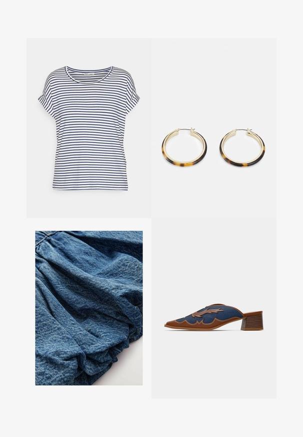 Camiseta de manga corta a rayas en blanco y marino, con cuello redondo y corte relajado, confeccionada en suave tejido de algodón.; Tejido de mezclilla en un tono azul profundo, con una textura recogida que crea suaves pliegues. Superficie suave con variaciones de color sutiles.; Mules de denim sin cordones con punta afilada, acentos de cuero marrón y costuras detalladas en un patrón en ondas. Tacón de madera bajo y apilado.; Pendientes de aro en tono dorado con un borde exterior de resina de patrón carey, que cuentan con un acabado suave y una forma circular elegante.