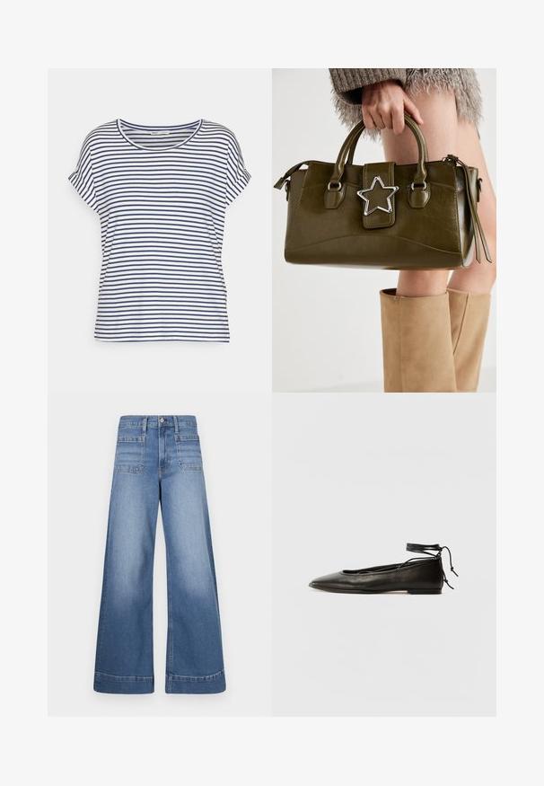 Gestreepte T-shirt met korte mouwen in wit en marineblauw, met een ronde hals en een ontspannen pasvorm, gemaakt van zachte katoenen stof.; Wijd-uitlopende blauwe denim jeans met een hoge taille, twee voorzakken en twee achterzakken, met een schone afwerking en subtiele vervaging.; Zwarte leren balletschoenen met een spitse neus, enkelbandje en platte zool, voorzien van een gladde textuur en minimalistisch ontwerp.; Olijf groen neplederen handtas met zilveren steraccent, dubbele handvatten en een ritssluiting. Gelaagd oppervlak en gestructureerde vorm.