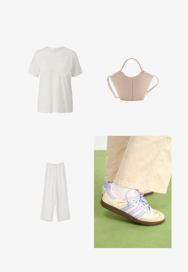 Witte katoenen t-shirt met een ronde hals, korte mouwen en één borstzak, met een gladde textuur en een eenvoudig ontwerp.; Witte wijde broek gemaakt van een lichte stof. Voorzien van een elastische tailleband met een trekkoord en zijzakken. Zachte textuur.; Crème- en lavendel-sneakers met drie strepen en een gestructureerde bruine zool, voorzien van veters en een gewatteerde hiel. Zachte stoffen bovenkant.; Beige leren handtas met een unieke vorm, voorzien van twee korte handvatten en een lange verstelbare schouderriem. Glad oppervlak met minimale hardware.