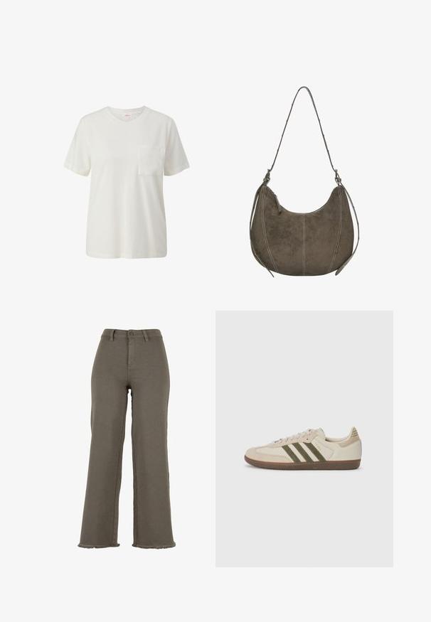 White cotton t-shirt featuring a round neckline, short sleeves, and a single chest pocket, with a smooth texture and simple design.; Olive green wide-leg pants made of denim, featuring a button closure, frayed hems, and front pockets. Smooth texture throughout.; adidas Originals SAMBA OG UNISEX - Trainers - alumina/medium dark khaki/gum; Brown suede hobo bag with curved shape, contrast stitching, single shoulder strap, and zip closure detail. Smooth texture overall.