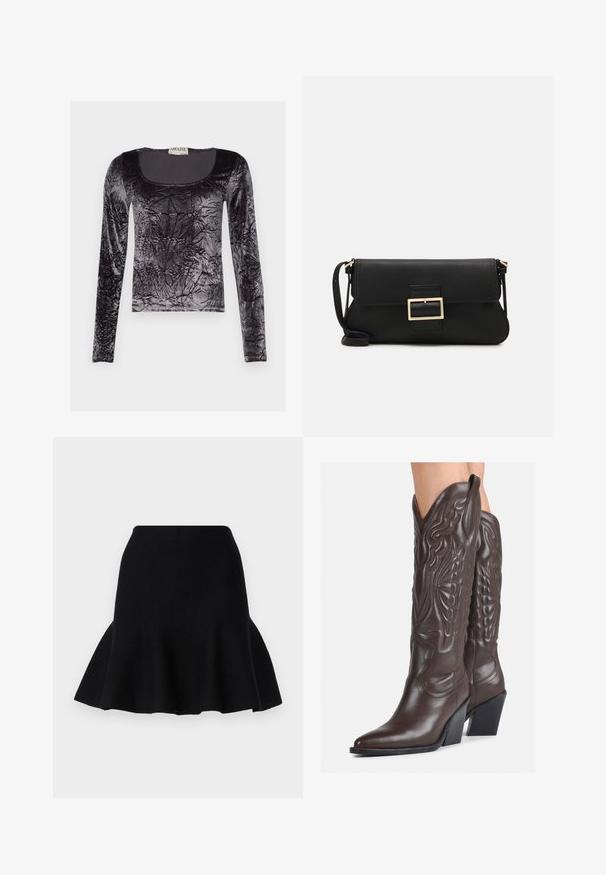 Zwarte longsleeve top van verfrommelde fluweel, met een ronde halslijn en een gestructureerd oppervlak met een glanzende afwerking.; Zwart flared rok van zacht stof. Heeft een getailleerde taille en een golvende zoom, wat een gelaagd uiterlijk creëert.; Bruine leren cowboylaarzen met een spitse neus en blokhak, voorzien van gedetailleerde stiksels en verhoogde accenten op de schacht.; Zwarte leren clutch met een klep en een gouden metalen sluiting. Inclusief een zwarte schouderband en een slank, minimalistisch ontwerp.; Gouden creolen met een gladde, glanzende afwerking. Circulaire vormgeving met een kleine post en een doorzichtige achterkant voor een veilige draagervaring.