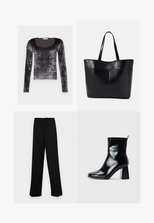 Melnas garām piedurknēm tops, izgatavots no sasmalcināta samta, ar noapaļotu kakla izgriezumu un teksturētu virsmu ar spīdīgu apdari.; Melnas platajās bikses, kas izgatavotas no gludas auduma, ar klasisku jostu un pogu aizdari, kā arī priekšējām kroku detalizācijām.; Melna lakota potīte līdz potītei ar kvadrātu purngalu un masīvu ģeometrisku papēdi. Tam ir gluda, spīdīga tekstūra un aizmugurējais cilpiņu elements, kas nodrošina ērtu uzvilkšanu.; Melnas ādas iepirkumu soma ar divām garām rokturām, gludu tekstūru un strukturētu formu. Iekļauj priekšējo kabatu papildu uzglabāšanai.