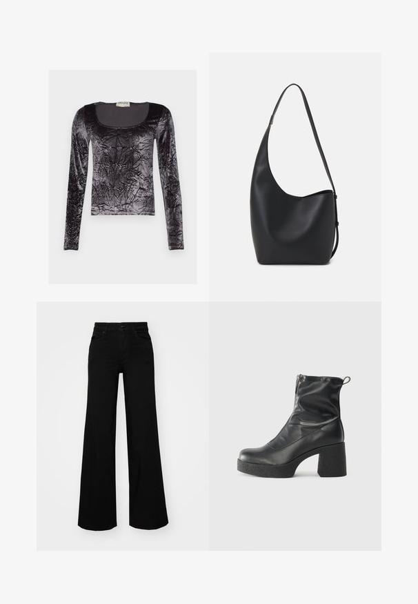 Black long-sleeve top made of crushed velvet, featuring a rounded neckline and textured surface with a shiny finish.; Black wide-leg pants made of denim, featuring a structured waistband, belt loops, and front pockets. Smooth texture with a classic design.; Black ankle boots made of smooth leather, featuring a side zipper, chunky textured heel, and rounded toe design.; Black leather hobo bag with a smooth texture, curved shape, and single adjustable strap; features a wide opening at the top.