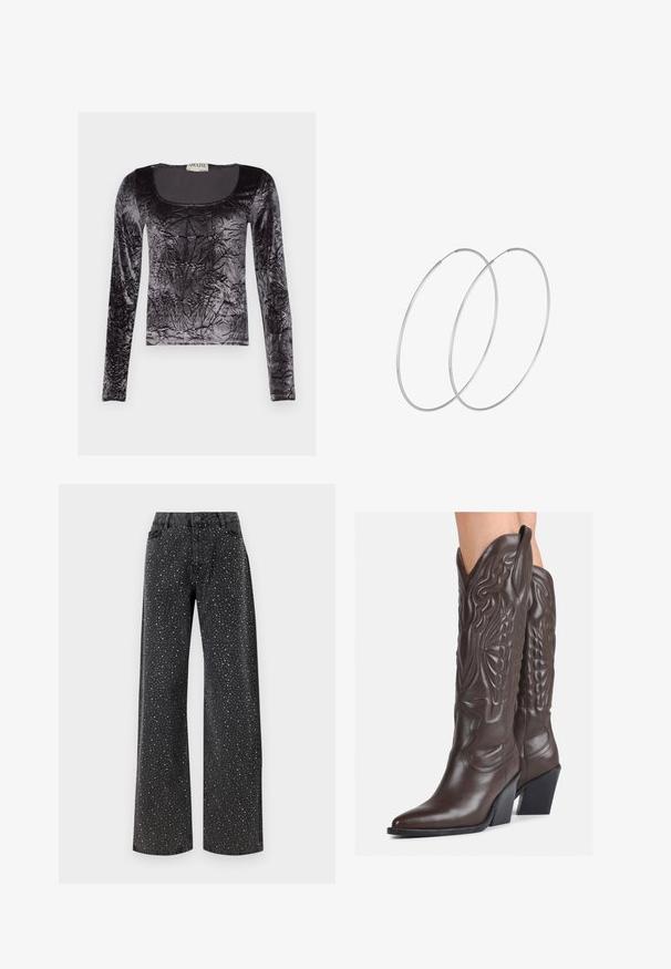 Schwarzes Langarmoberteil aus zerknittertem Samt, mit rundem Ausschnitt und strukturierter Oberfläche mit glanzvollem Finish.; Noisy May NMJANNEL LOOSE - Jeans Relaxed Fit - black denim; Braune Leder-Cowboy-Stiefel mit spitzem Punkt und Blockabsatz, die über detaillierte Stickereien und hervorgehobene Akzente am Schaft verfügen.; Silberne Creolen mit minimalistischem Design. Rundform, glatte Oberfläche und dünnes Profil. Leichtgewichtig mit hochglänzender Oberfläche.