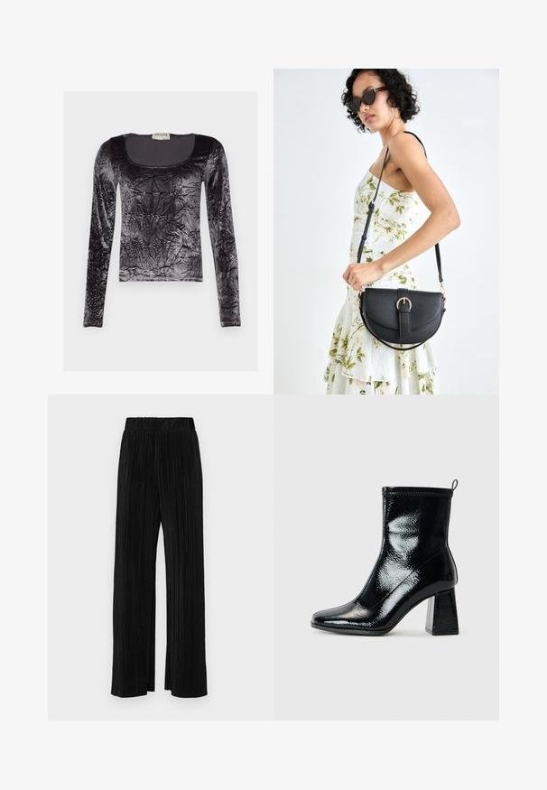 Top negru cu mânecă lungă, din catifea zdrobită, cu un gât rotund și o suprafață texturată cu un finisaj lucios.; Pantaloni negri plisati cu talie elastică. Prezintă picioare largi și un material neted, texturat, cu dungi verticale.; Botine negre din patent, cu vârf pătrat și toc geometric masiv. Prezintă o textură netedă și lucioasă și o bandă de prindere la spate pentru a fi ușor de purtat.; Geantă din piele neagră, cu o formă curbată, curea detașabilă și accesorii aurii. Geanta are un capac cu un detaliu tip cataramă.