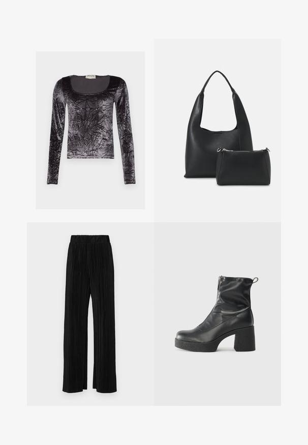 Črn dolg rokav top iz zmletega samta, z okroglim ovratnikom in teksturirano površino s sijočim finishom.; Črne plisirane hlače z elastičnim pasom. Imajo široke noge in gladko, teksturirano tkanino z navpičnimi črtami.; Črne gležnjarje iz gladke kože z božnim zadrgo, masivnim teksturiranim peto in zaobljeno obliko prstov.; Even&Odd Torbica - black