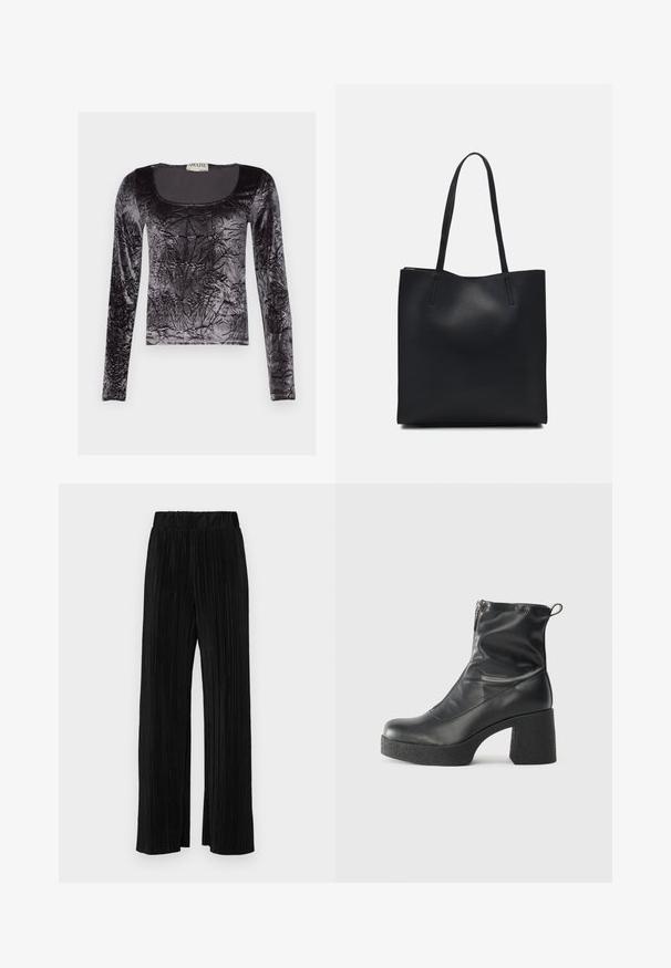 Sort langærmet top lavet af knust velour, med en rund halsudskæring og struktureret overflade med en skinnende finish.; Sorte plisserede bukser med elastisk talje. Har brede ben og et glat, tekstureret stof med lodrette striber.; Sorte ankelstøvler lavet af glat læder, med en sidelukning, kraftig struktureret hæl og rundt tådesign.; Sort læder tote taske med glat tekstur, rektangulær form og to lange hanke. Ingen synlig hardware eller udsmykninger.