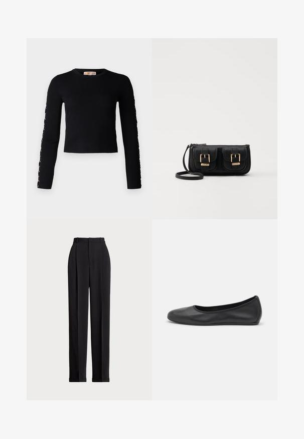 Nepodarilo sa vygenerovať alt-tex.; Čierne prispôsobené nohavice s vysokým pásom, prednými záhybmi, rovnými nohavicami a manžetami na leme. Vyrobené z hladkej tkaniny.; Čierne kožené baleríny s okrúhlou špičkou, hladkým povrchom, minimálnym prešívaním a flexibilným dizajnom podrážky.; Čierna kožená crossbody taška s dvoma prednými vreckami, zlatými sponami, zipsovým uzatváraním a úzkym popruhom. Štruktúrovaný povrch a kompaktný obdĺžnikový tvar.