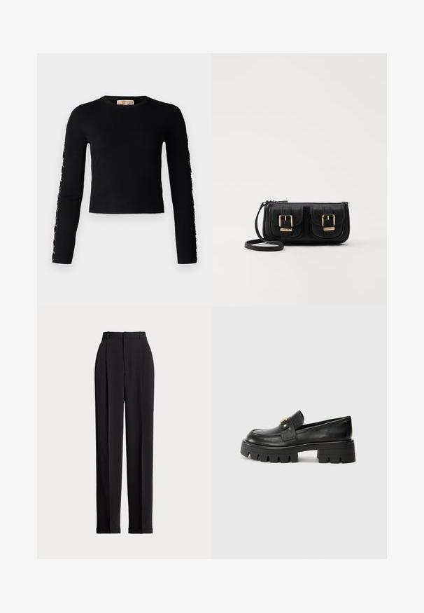 Impossibile generare il testo alternativo.; Pantaloni neri su misura a vita alta, con pieghe frontali, design a gamba dritta e orlo con risvolto. Realizzati in tessuto morbido.; Mocassini in pelle nera con suola spessa, caratterizzati da un accento dorato nella parte anteriore e una finitura liscia. Design della suola con profilo spesso.; Borsa a tracolla nera in pelle con due tasche frontali, fibbie dorate, chiusura con zip e una tracolla sottile. Superficie texturizzata e forma rettangolare compatta.