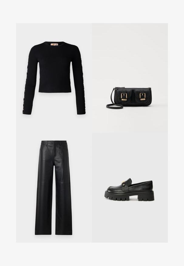 Ei onnistuttu tuottamaan alt-tekstiä.; Lepas hitam lebar dari kulit dengan tekstur halus, dilengkapi saku depan, penutupan kancing, dan detail jahitan yang halus.; Mustat nahkakengät, joissa on paksu pohja, kultaisella korostuksella edessä ja sileällä pinnalla. Paksu kuvio pohjassa.; Musta nahkainen olkalaukku, jossa on kaksi etutaskua, kultaiset soljet, vetoketjukiinnitys ja kapea hihna. Teksturoidun pinnan ja kompaktin suorakaiteen muoto.