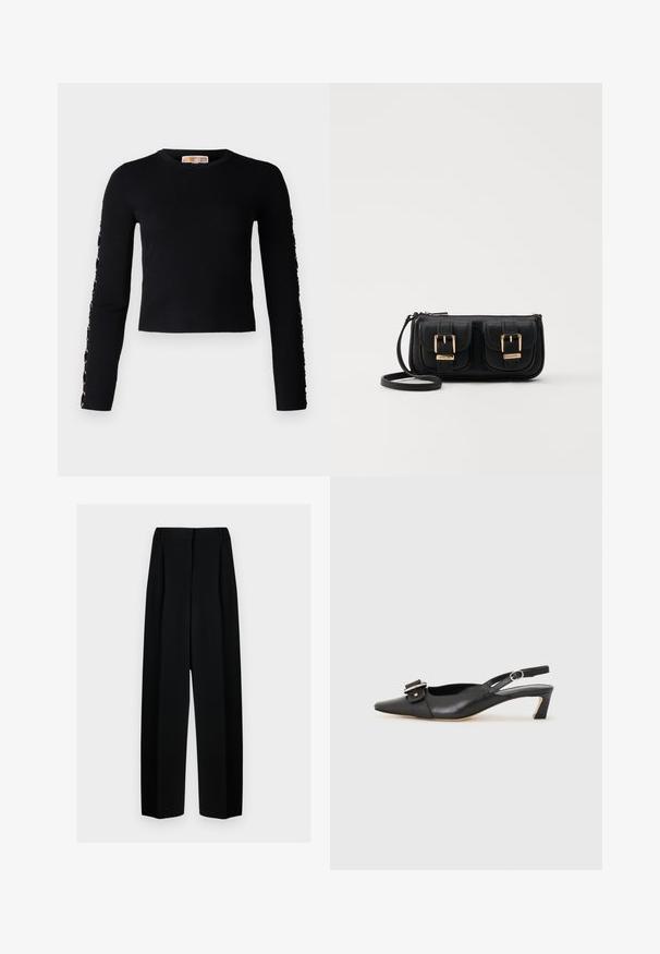 Nepavyko sugeneruoti alt-teksto; Juodos plačios kelnės su aukštu liemeniu, su klostėmis ir glotnia tekstūra. Medžiaga atrodo lengva ir dailiai krenta.; Juodas odinis slingback batelis su smailiu nosiu, maža pakulne ir dekoratyvine sagtimi viršuje. Lygus paviršius, minimalistas dizainas.; Juodas odinis per petį nešiojamas krepšys su dviem priekiniais kišenėmis, auksiniais sagtimis, užtrauktuko uždarymu ir siauromis petnešomis. Textūruota paviršius ir kompaktiškas stačiakampis formatas.