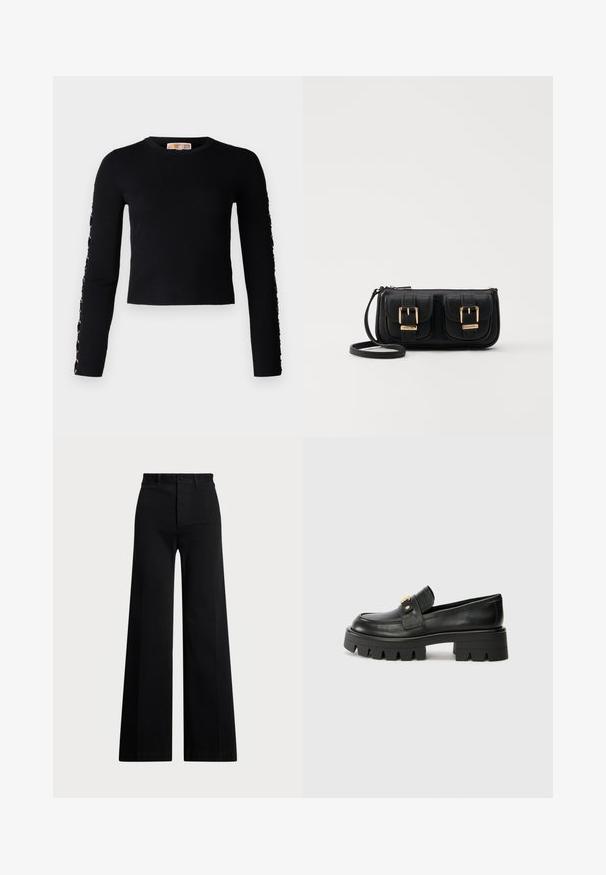 Het genereren van alternatieve tekst is mislukt.; Zwarte wijde broek van geweven stof, met een hoge taille, sluiting met een knop aan de voorkant en zijzakken. Soepele textuur met strakke lijnen.; Zwarte leren instappers met een chunky zool, met een goudkleurige accent aan de voorkant en een gladde afwerking. Chunky profielontwerp op de zool.; Zwarte leren schoudertas met twee vo pockets, gouden gespen, ritsluiting en een smalle band. Tekstuur oppervlak en compacte rechthoekige vorm.