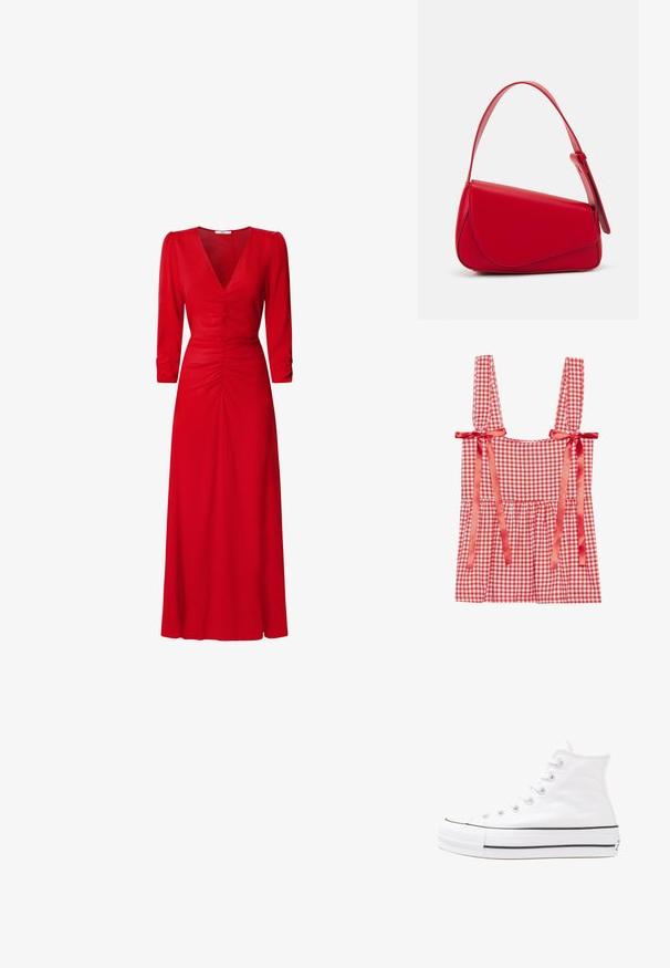 Rot-weißer Vichykaro-Top mit breiten Trägern, die mit Satinschleifen gebunden sind, gerafftem Oberteil und ausgestellt geschnittenem Saum, gefertigt aus einem leichten Baumwollmix.; Rotes Kleid mit V-Ausschnitt, 3/4-Ärmeln und Raffung an der Taille und am Rücken. Der Stoff wirkt glatt und leicht.; Weiße hochwertige Leinensneaker mit schwarzer Gummisohle, vorderem Gummizehenschutz und sechs Ösen für Schnürsenkel, die ein sauberes, minimalistisches Design aufweisen.; Rote Lederhandtasche mit einem kantigen, geometrischen Design. Verfügt über einen verstellbaren Schulterriemen und einen Klappenverschluss mit genähten Details.