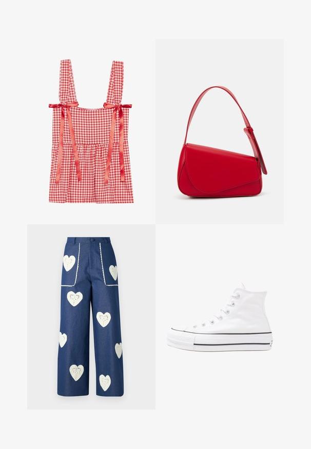 Red and white gingham top with wide straps tied with satin ribbons, gathered bodice, and flared hem, made of a lightweight cotton blend.; Sister Jane HEART TO HEART - Straight leg jeans - blue denim; White high-top canvas sneaker with black rubber sole, front rubber toe cap, and six eyelets for laces, featuring a clean, minimalist design.; Red leather handbag with an angular, geometric design. Features a single adjustable strap and a flap closure with stitched detailing.