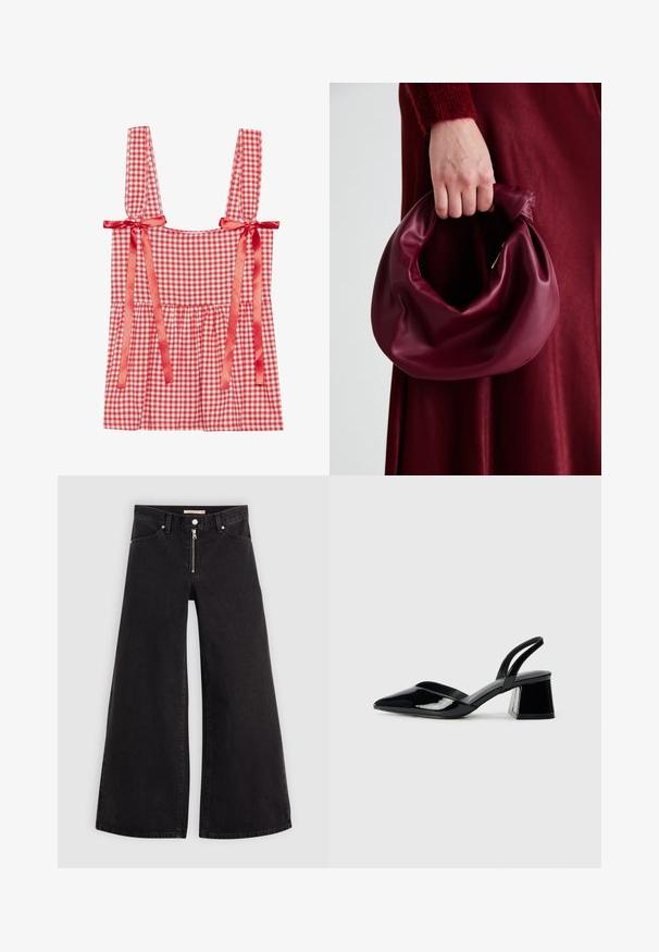 Haut en vichy rouge et blanc avec de larges bretelles nouées avec des rubans en satin, bustier froncé et ourlet évasé, fabriqué en un mélange de coton léger.; Jean large en denim noir avec une fermeture éclair à l'avant, un design à cinq poches et des détails de couture subtils. Texture lisse et style décontracté.; Escarpins en cuir verni noir avec bout pointu et talon bloc géométrique. Présente un design élégant et minimaliste ainsi qu'une texture lisse.; Sac à main en cuir bordeaux au design doux et froncé, avec une forme arrondie. La poignée est fixée, mettant en valeur une texture lisse.