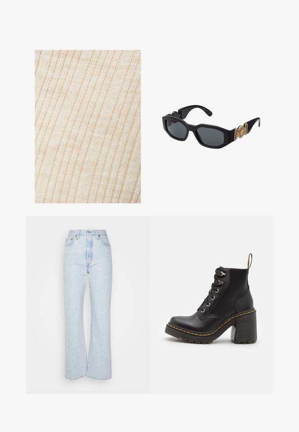 Beige neulekangas, jossa on pystysuora ribatty rakenne, pehmeä viimeistely ja hienovarainen värivaihtelu. Materiaali tarjoaa sileän ja joustavan tunteen.; Vaaleansiniset korkeavyötäröiset farkut, joissa on levenevät lahkeet, valmistettu haalistuneesta denimmateriaalista. Sisältää viisi taskua ja metalliset yksityiskohdat.; Musta nahkasaapas nilkkamittaisella varrella, jossa on paksu korkea kenkä, nauhakiristys edessä, metalliset rei'itykset ja keltainen ommel pohjan reunassa. Teksturoitu kumipohja.; Mustat aurinkolasit, joissa on paksu geometrinen runko, tummat linssit ja kultaiset metallikoristeet temppeleissä, joissa on pyöreä symboliyksityiskohta.