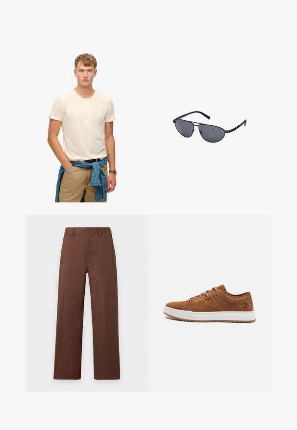 Lys beige kortærmet T-shirt med henley-hals og tre knapper; båret med beige bukser og en blå denimskjorte bundet om livet.; Brune brede bukser lavet af glat bomuldsstof. Har en knaplukning, bæltesløjfer og to forlommer.; Brune ruskinds sneakers med hvid gummisål, rund tå, seks metaløjer og præget logo detalje på siden. Klassisk snøredesign.; Sorte aviator solbriller med grå linser, tynde metalrammer, buet form og silikone næsepuder for komfort.