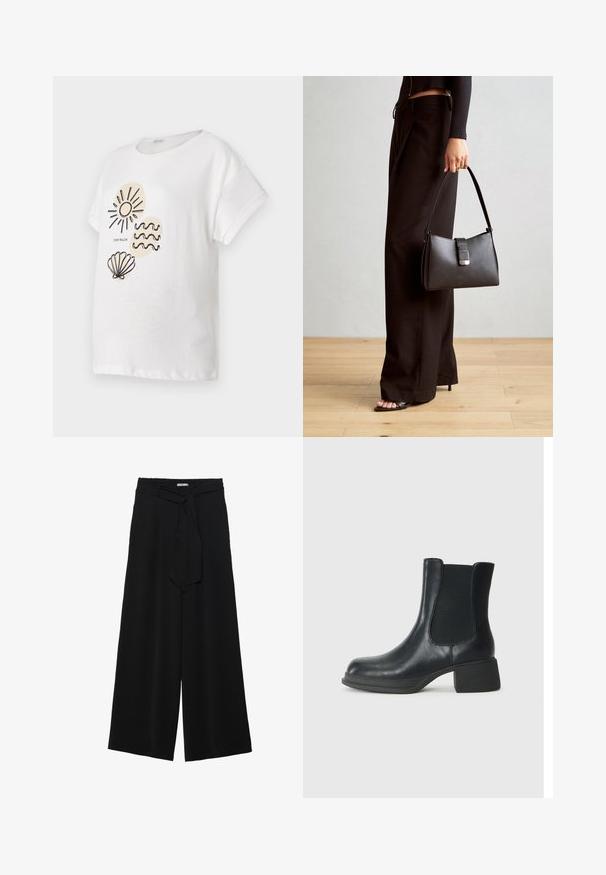 Tricou alb din bumbac cu mâneci scurte, având desene cu linii negre reprezentând un soare, valuri și o scoică pe față.; Pantaloni largi negri dintr-un material texturat, cu un tiv elastic și o panglică detașabilă la talie pentru un fit ajustabil.; Botină neagră din piele cu panouri elastice pe lateral, vârf rotund și toc jos în formă de bloc. Suprafața are o textură netedă și detalii minime.; Genți negre cu o formă structurată, textură netedă și un închizător metalic. Asortată cu pantaloni negri largi și sandale cu vârf deschis pe un podea din lemn.