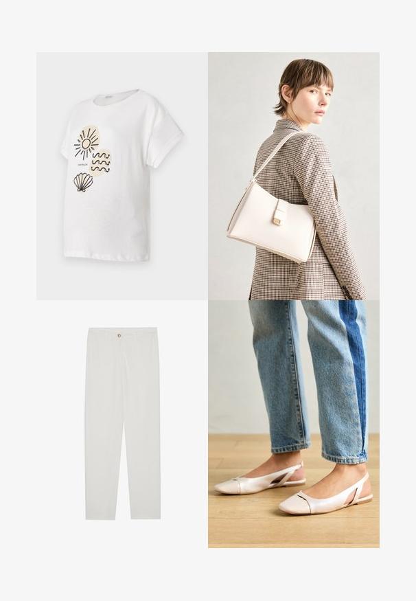 Biela kokvilnas T-kreklu ar īsām piedurknēm, uz kura priekšpuses ir melni zīmējumi ar sauli, viļņiem un čaulu.; Baltas, pielāgots bikses ar taisnu kāju dizainu, ar pogu aizdari, jostu cilpām un sānu kabatām; gluda auduma tekstūra.; Bālti rozā siksniņu dzīvokļi ar smailu purngalu, izgatavoti no gludas ādas līdzīgās materiāla. Iezīmē izgriezumu detaļas sānos un platu papēdi.; Balta ādas rokassoma ar strukturētu dizainu, kurai ir magnētiska aizdare un plecu josta, parādīta uz neitrāla fona.