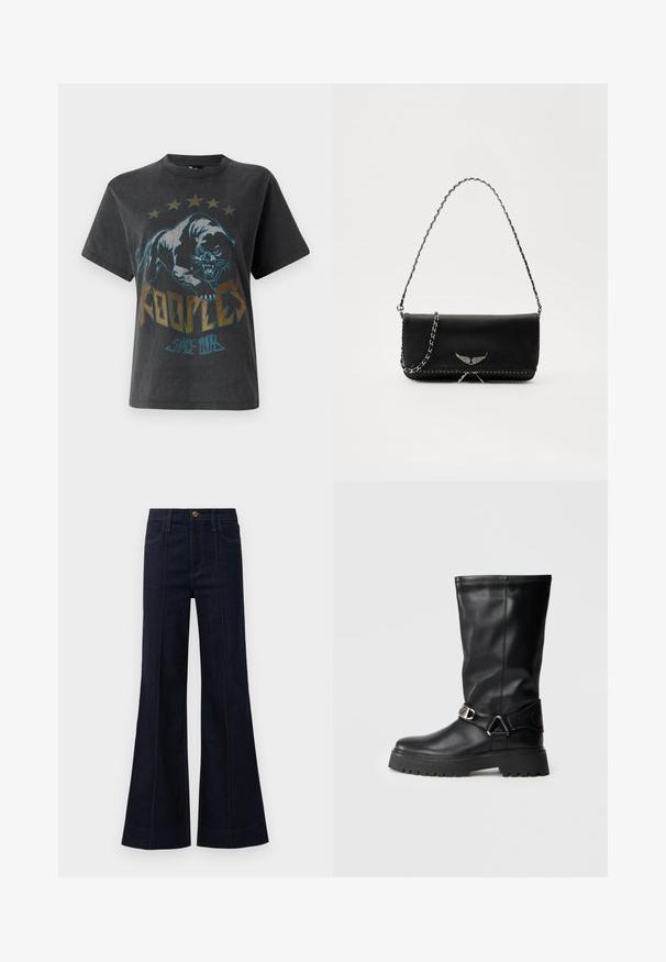 La camiseta negra de manga corta presenta un gran gráfico de un pantera, estrellas arriba y el texto "KOOPLE" con "SINCE 2013" en colores contrastantes.; Jeans acampanados de denim azul oscuro con cintura alta, bolsillos frontales y costuras visibles. La tela tiene una textura suave y una forma estructurada.; Botas negras hasta la rodilla de cuero suave, con un acento de hebilla en el lateral y una suela gruesa y texturizada para mayor agarre.; Bolso de mano de cuero negro con una correa de cadena plateada, que presenta acentos decorativos en forma de alas y costuras blancas a lo largo de la costura inferior.