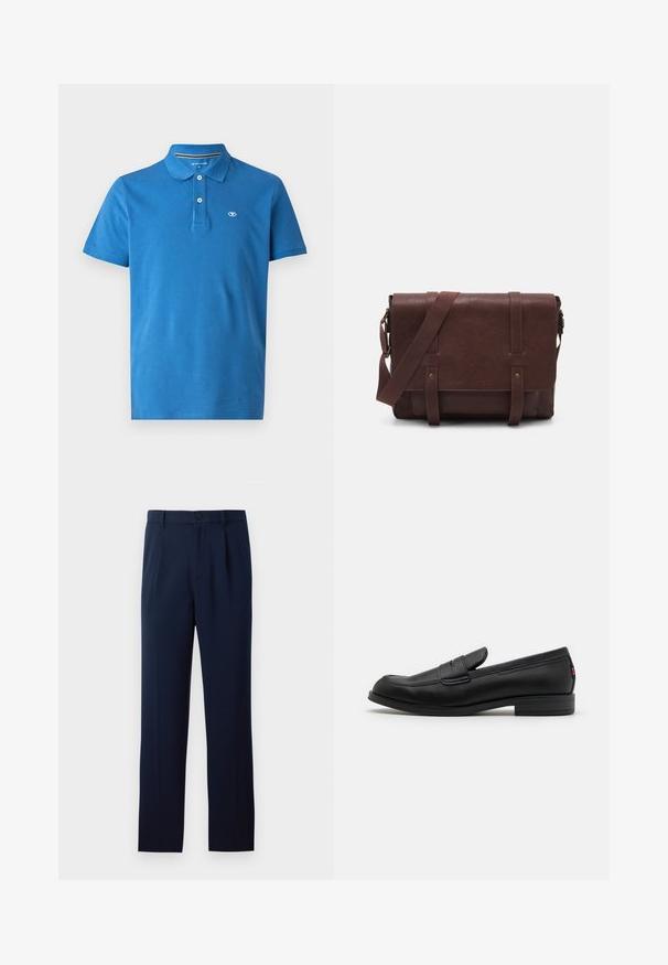 Sinine puuvillane polo-särk, millel on krae, kahe nupuga pealispind, lühikesed varrukad ja väike logo rinnal.; Kolm pika varrukaga särk: helesinine, valge ja tumesinine. Kõigil on klassikaline krae ja nööbid, valmistatud siledast kangast.; Tumedatehallid püksid, mis on valmistatud siledast kangast, koos ühe nööbiga kinnitusega, voltide ja sirgete jalgadega. Minimalistlik disain, ilma silmapaistvate mustriteta.; Mustad mustad nahast loaferid siledast viimistlusest, ümmargune nina ja väike dekoratiivne klapp. Omab madalat kokkupandud kontsa ja diskreetset brändingut.; Pruunist nahast sõnumiekot, millel on lame eesmine klapp, kaks rihma, kullatud detailid ja reguleeritav õlarihm.
