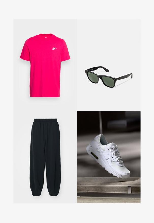 Nike Sportswear CLUB TEE - T-shirt básica - rush pink; Calças de fato de treino pretas, com cintura elástica e um corte solto, com punhos nas pernas, textura suave e sem padrões visíveis ou detalhes de metal.; Sapatilha Nike Air Max 90 branca com parte superior em malha e couro, caixa de dedos perfurada e uma unidade de ar visível no calcanhar.; Óculos de sol de plástico preto com lentes verdes, armações quadradas, detalhe prateado na sobrancelha e hastes texturizadas. Marca indicada na parte interna da haste.