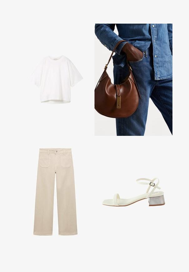 Tricou alb cu mânecă scurtă, guler rotund, croială lejeră și tiv puțin curbat. Fabricat dintr-un material neted și moale, cu cusături minime.; Pantaloni largi bej din bumbac. Au fermoar, un buton frontal și două buzunare aplicate la spate. Fâșie curată, fără embellishments.; Next Pantofi de mireasă - bone; Geantă hobo din piele maro, cu o formă rotunjită, având un accent din hardware aurie și cusături în contrast. Asortată cu o cămașă din denim și blugi.
