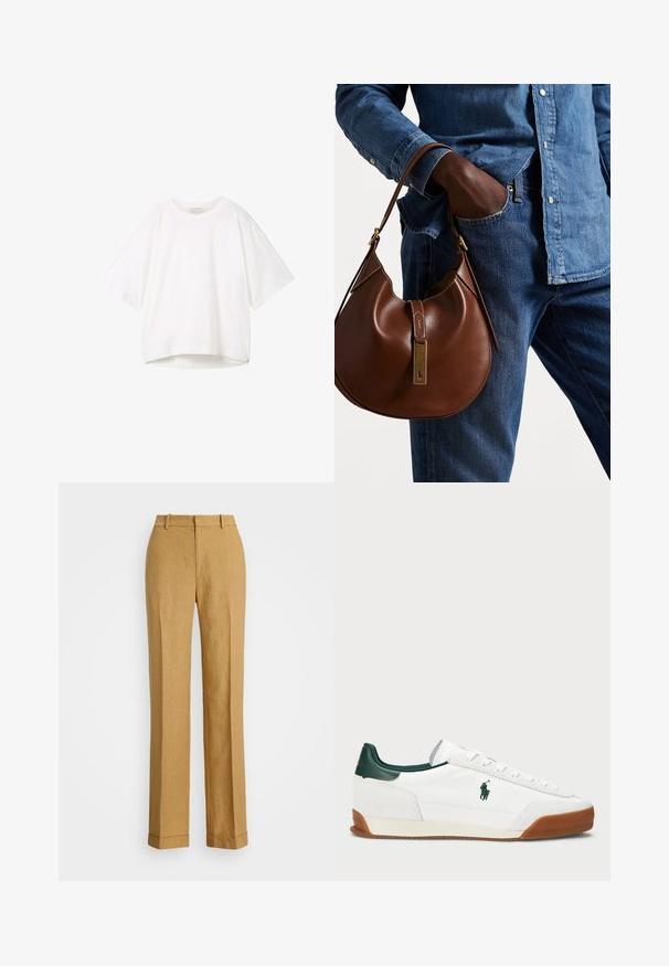 Bijela majica kratkih rukava s okruglim izrezom, opuštenog kroja i blago zakrivljenim rubom. Izrađena od glatkog, mekanog materijala s minimalnim šavovima.; Polo Ralph Lauren YARD LINEN FULL FLAT FRONT - Hlače - sand dune; Bijeli tenisice s zelenim kožnim detaljima i smešim gumenim đonom. Imaju platnenu površinu i istaknuti logo sa strane. Sa čipkastim dizajnom.; Smeđa kožna hobo torba zaobljenog oblika, sa zlatnim metalnim detaljima i kontrastnim šavovima. Uparena s traper košuljom i trapericama.