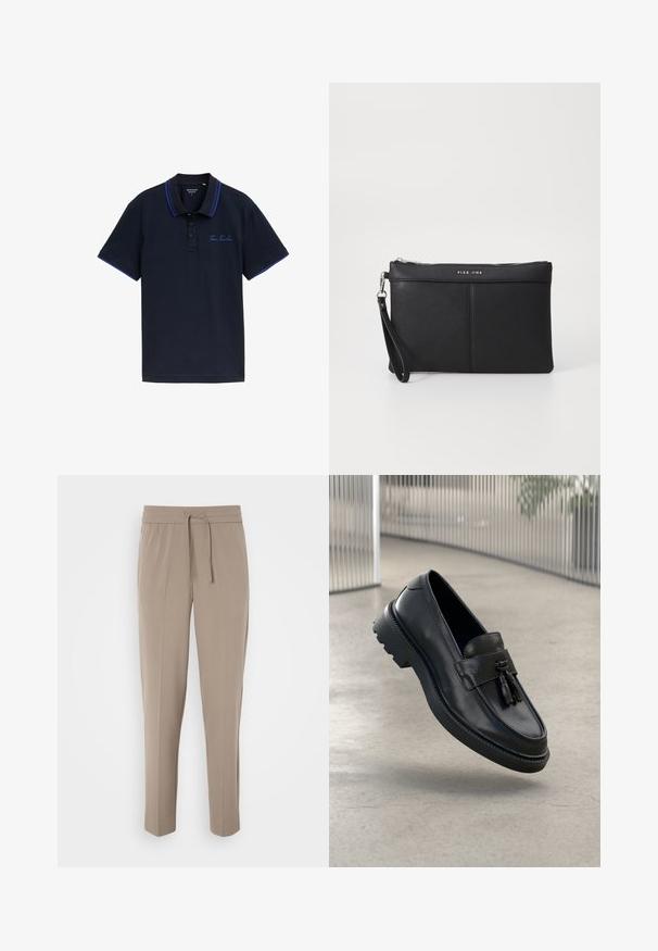 Mornarsko polo majico z dvema gumboma, kontrastnim modrim ovratnikom in rokavi ter izvezenim logotipom "Tom Tailor" na prsih.; Svetlo bež hlače z elastičnim pasom, nastavljivo vrvico in ozkimi nogami. Tkanina se zdi gladka z rahlim sijajem.; Črni usnjeni mokasini z gladkim zaključkom, dekorativnimi cofki, debelim gumijastim podplatom in všitimi poudarki. Lahka in elegantna zasnova.; Črna sintetična torbica s snemanjem na zadrgo, zapestno zanko in gladko teksturo. Ima diskretno šivanje in logotip vtisnjen na sprednji strani.