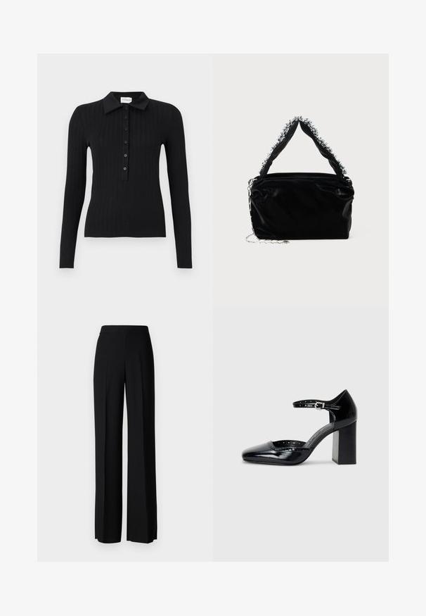 Melns ribots garām piedurknēm polo krekls ar apkakli un pogu priekšpusi. Ar pieguļošu dizainu un gludu tekstūru.; Melni platleği bikses ar gludu tekstūru, ar augstu jostasvietu un centrālajām krokām. Nav redzamu rakstu vai aparatūras detaļu.; Melna lakota ādas augstpapēžu kurpes ar kvadrātu purngalu, potītes siksniņu un masīlu papēdi. Iekļauj perforētu apdari gar malu.; Melnā mākslīgās ādas rokassomu ar teksturētu apdari, kas piedāvā pērlītēm rotātu sudraba akcentu augšējā rokturī un ķēdes siksnu.