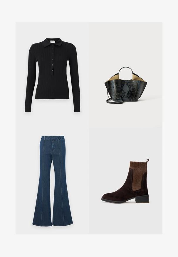 Fekete bordázott, hosszú ujjú polo ing, gallérral és gombos elejével. Fitt fazonnal és sima textúrával rendelkezik.; Sötétkék farmer trapéznadrág, strukturált varrással és letisztult kivitelezéssel. Közepes magasságú derékpánttal és széles, folydogáló lábakkal rendelkezik.; Barna díszített velúr bokacsizma bordó, bordázott kötött felsőrésszel, sima felülettel, alacsony blokk sarkal és hátsó füllel a könnyű felhúzás érdekében.; Fekete és szürke kígyóbőr mintás táska, struktúrált dizájnnal, dupla fogantyúval és állítható vállpánttal. Bézs belső térrel rendelkezik.