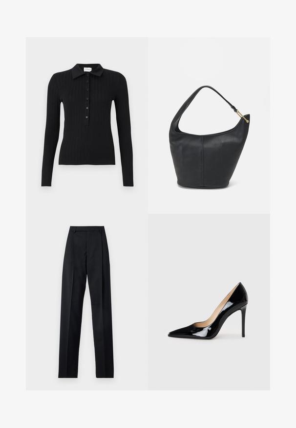 Must mustriba musta polo särk, millel on pikk käis, kaelus ja nööpidega esikülg. Omab istuvat disaini ja sujuvat tekstuuri.; Mustad püksid siledast kangast, millel on kõrge vöökoht, laiad jalad, esimesed kortsud ja klassikalised vööloopid. Küljepockets pole nähtavad.; Must matte musta kõrge kontsaga king, millel on terav varvas ja sujuv siluett. Omab sileda, läikivat viimistlust ja sale stiletto konts.; Musthave musta nahast käekott ümarate servadega, laia rihmaga ja tekstureeritud pinnaga. Omab peenelt õmblust detailina ning kullatooni aksessuaare.