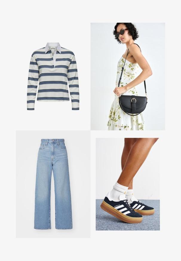 Camisa polo de manga longa feita de tecido suave, com riscas horizontais pretas e azuis sobre um fundo branco. Inclui um colarinho tradicional.; Jeans de cintura alta e perna larga em azul claro, com fecho frontal de botão e zíper, bolsos frontais e traseiros, sobre um fundo branco.; Ténis de camurça preta com riscas e detalhes brancos, biqueira arredondada, sola em borracha cor de goma, combinados com meias brancas caneladas até à altura do tornozelo.; Bolsa de couro preta com forma curva, alça destacável e detalhes em dourado. A bolsa possui uma aba com detalhe de fivela.