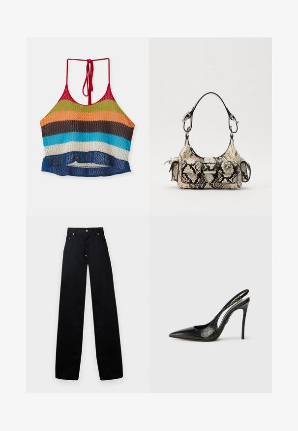 Flerfärgad virkad crop top med röda axelband, med horisontella ränder i orange, grön, brun, blå och vit. Volangdetalj i nederkant.; Svarta vida byxor i bomull, med dragkedja i grenen, två framfickor och en klassisk femficksdesign med metallbeslag.; Svart slingback-pump med spetsig tå, texturerat ormskinnsmönster, stilettklack och en dekorativ spänne på remmen.; Pythontryckt handväska i beige och svart, med en strukturerad form, spänndetalj och dubbla axelremmar. Texturerad yta.