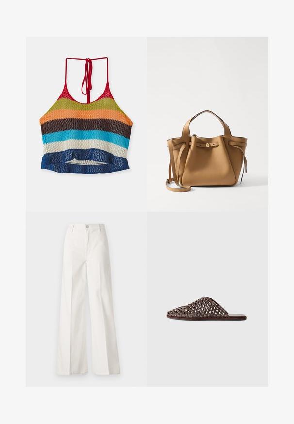 Top scurt croșetat multicolor cu bretele roșii, având dungi orizontale în nuanțe de portocalie, verde, maro, albastră și albă. Detaliu cu margine volan.; Pantaloni albi cu picioare largi, confecționați din bumbac cu o textură fină. Prezintă un buton în față, fermoar și un design cu patru buzunare.; Sandale tip slide împletite, de culoare maronie, cu vârf rotund, design deschis, talpă plată și suprafață texturată. Material ușor și siluetă minimalistă.; Tory Burch ROMY PEBBLED SATCHEL - Geantă de mână - tiramisu