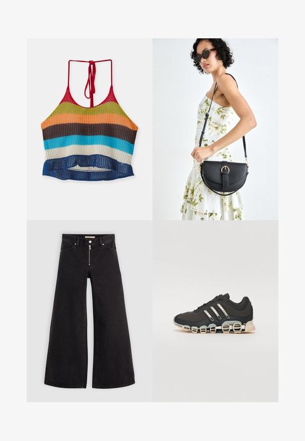 Erinevates värvustes heegeldatud lühike topp punaste rihmadega, millel on horisontaalsed triibud oranži, rohelise, pruuni, sinise ja valge värviga. Volangiga ääredetail.; Laiad teksad mustast denimist, millel on lukuga eesmine osa, viie taskuga disain ja peened õmblusdetailid. Sile tekstuur ja juhuslik stiil.; Must have sportlik kingad musta värvi, millel on tekstuuriga pealisosa, kolm hõbedast triipu ja eristuv pehmendusnähtus, millel on mitmed integreeritud osad.; Mustmust mustraha kõverate joontega, eemaldatava rihmaga ja kuldsete detailidega. Kotil on klapp, millel on pandladetail.