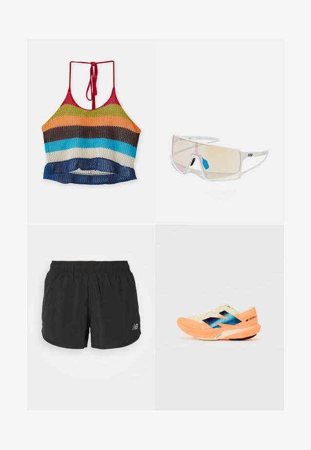 Večbarvna kvačkana kratka majica z rdečimi naramnicami, ki ima vodoravne črte v oranžni, zeleni, rjavi, modri in beli barvi. Podrobnost z naborkom na robu.; Črne atletske kratke hlače z elastičnim pasom, izdelane iz lahkotnega materiala. Na spodnjem desnem delu se nahaja majhna siva oznaka.; Tekšča za tek z lahkotnim kremnim zgornjim delom, modrim logotipom in oranžnimi poudarki na podplatu. Mrežasta tekstura za zračnost.; Sončne naočale s belim okviru in velikimi, gradientnimi lečami, ki prehajajo iz roza v svetlo oranžno, ter z modrim nosnim delom in logotipom.