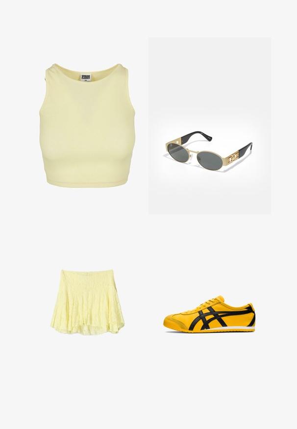 Lys gul ribbet croptop med rund halsudskæring og ærmeløs design. Har et mærke med "URBAN CLASSICS" indeni kraven.; Gul udsvinget nederdel lavet af struktureret stof, der har et lagdelt design med en lidt ujævn kant. Let og luftig udseende.; Gul atletisk sko med sorte accenter, glat lædertekstur, buet design, rund tå, flad hvid sål og fremtrædende branding på siden.; Ovale solbriller med en guldfarvet metalramme og grå linser. Har sorte acetatstænger med gyldne accenter og logo-detaljer på siderne.