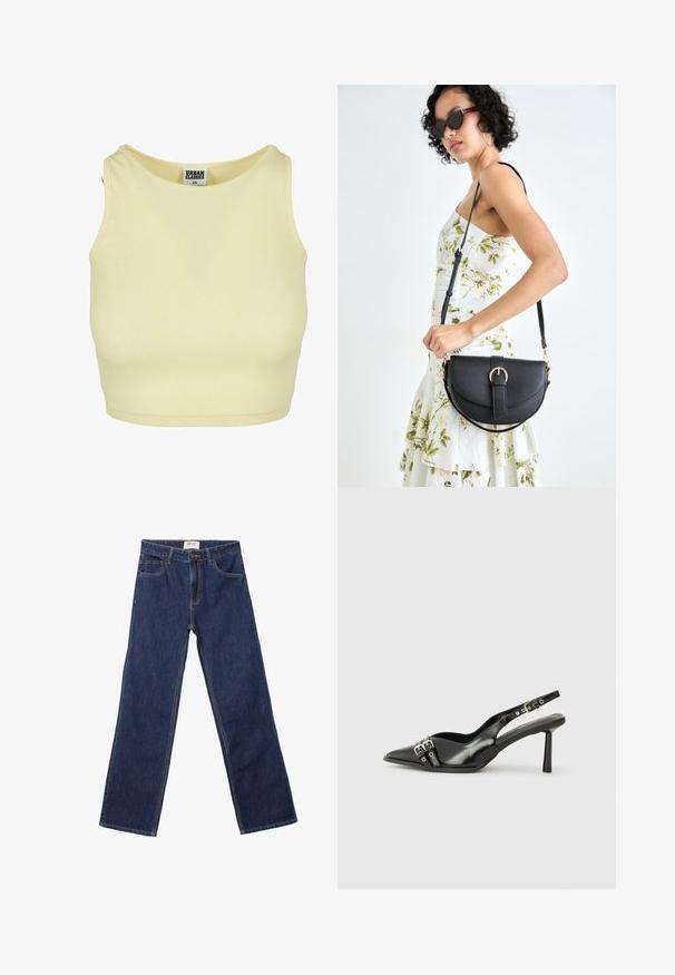Svetložltý rebrovaný crop top s okrúhlym výstrihom a bezrukávovým dizajnom. Obsahuje nálepku s nápisom "URBAN CLASSICS" vo vnútri goliera.; Tmavomodré džínsy so strihaným strihom, prednými vreckami, pútkami na opasok a zapínaním na gombík.; Čierne lakované kožené slingback topánky s špicatou špičkou, remienkami okolo členku s striebornými prackami a hardvérom, a štíhlým podpätkom.; Čierna kožená kabelka s zaobleným tvarom, odnímateľným popruhom a zlatými doplnkami. Kabelka má klopu s detailom s prackou.