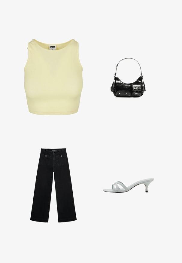 Helles gelbes, geripptes Crop-Top mit runder Ausschnittform und ärmellosem Design. Es hat ein Etikett mit "URBAN CLASSICS" im Kragen.; Schwarze, weit geschnittene Jeans mit hoher Taille, die zwei Fronttaschen und metallene Knopfakzente aufweist. Der Stoff hat eine glatte Textur.; Hellgraue Absätze mit drei überkreuzten Riemen, schlankem Profil und spitz zulaufendem Absatz. Glatte Textur mit leicht glänzendem Finish.; Schwarze Lackleder-Handtasche mit geschwungenem Design, einem Schulterriemen, Vordertaschen und silberfarbenen Hardware-Akzenten.