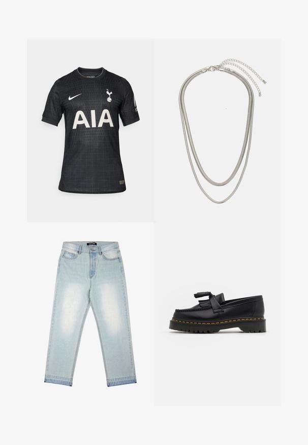 Maglia da football nera realizzata in un tessuto leggero, con un motivo testurizzato, colletto tondo, maniche corte e un logo bianco "AIA" sul davanti.; Pegador BARROW - Jeans loose fit - sand washed blue; Mocassino in pelle nera con un'accento a frange, dotato di una suola nera spessa e cuciture gialle lungo il bordo. Finitura testurizzata.; Collana in metallo argentato a tre strati caratterizzata da catene sottili e flessibili con una leggera lucentezza, fissata con un gancio a molla e una catena regolabile.