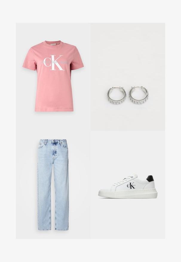 Camiseta de algodón rosa con mangas cortas. Presenta un gran logotipo en blanco "CK" y el texto "Calvin Klein Jeans" impreso en azul claro debajo.; Jeans de pierna ancha en azul claro, confeccionados en denim, con una cintura alta, un lavado desgastado y un sutil patrón de tie-dye en la parte delantera.; Zapatilla baja blanca con talón negro, suela de plataforma, cordones y logotipo "CK" de Calvin Klein en el lado.; Pendientes de aro plateados con un diseño texturizado que presenta estrías verticales. Forma circular con un cierre de seguridad. Acabado suave.