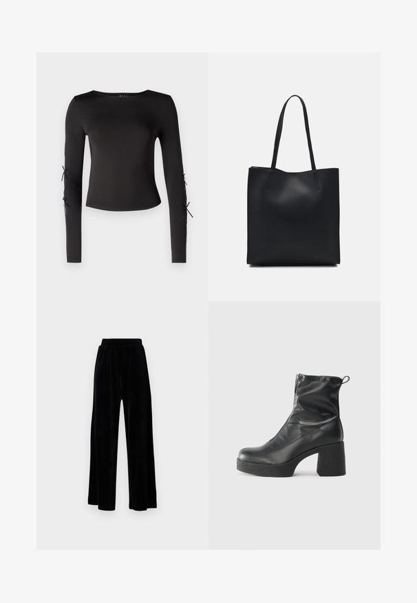 Fekete, hosszúujjú felső kerek nyakkivágással. Az ujjaknál állítható kötőkkel készült, sima, rugalmas anyagból.; Fekete, széles szárú nadrág puha velúrból, rugalmas derékkal és sima textúrával, látható díszítés vagy mintázat nélkül.; Fekete bokacsizmák sima bőrből, oldalsó cipzárral, vastag, texturált sarkú és lekerekített orrú dizájnnal.; Fekete bőrtáska sima felszínnel, téglalap alakú, két hosszú füllel. Nincs látható fémkiegészítő vagy díszítés.