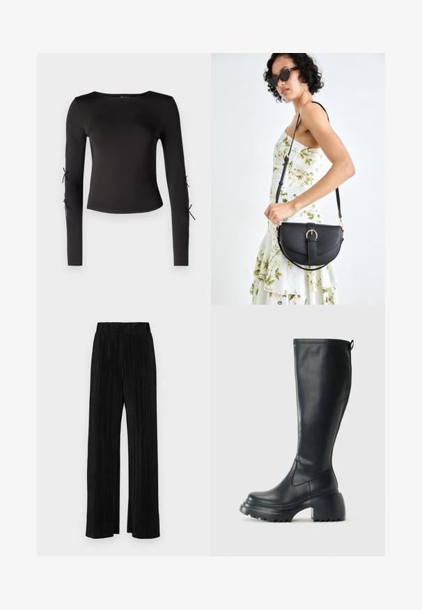 Fekete, hosszúujjú felső kerek nyakkivágással. Az ujjaknál állítható kötőkkel készült, sima, rugalmas anyagból.; Fekete pliszírozott nadrág gumis derekkal. Széles lábakkal rendelkezik, sima, texturált anyagból készült, függőleges csíkokkal.; Magas fekete bőrcipő, vastag platform talppal és blokk sarokkal, húzófüllel és texturált profillal az outsole-on.; Fekete bőrtáska ívelt formával, levehető pánttal és arany színű fémrészekkel. A táskán egy csattal díszített fedél található.