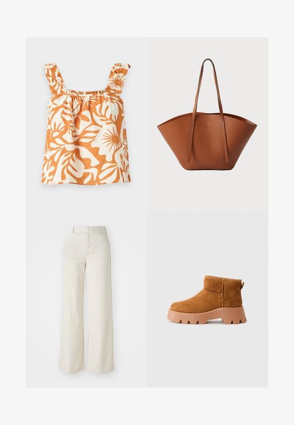 Kreemjatatud oranži ja koorevärvi lillemustriga tank-top, millel on volangiga õlavarre triibud ja venitatav kaelus. Valmistatud kergetest kangast. Voolav siluett.; Laiad püksid helesbežis värvitoonis, valmistatud siledast kangast. Omavad klassikalist vööd ja siledat fronti puhaste joontega.; Kollased nubuk nahast pahkluu saapad, millel on ümar varvas, tekstureeritud pruun tald ja tõmbeplaat. Omab õmblemise seam ja tugevat platvormi disaini.; Pruunist nahast kott, millel on lai ja struktureeritud kuju, õhukesed sangad ja tekstureeritud viimistlus. Omab minimalistlikku disaini, kus ei ole nähtavat riistvara.