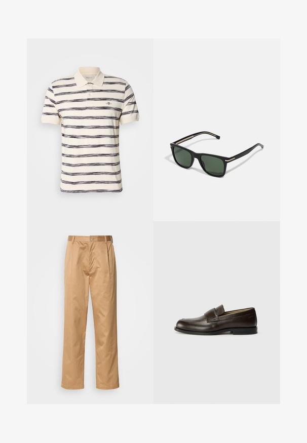 Kreminis polo marškinėliai su tamsiai mėlynomis horizontaliomis juostelėmis. Yra su sulankstomu apykaklė, dviem mygtukais ir mažu prekės ženklo logotipu ant krūtinės.; Kaki kelnės, medvilnės mišinys, tiesaus kirpimo dizainas, priekiniai raukiniai, diržo kilpos ir mygtuko uždarymas. Lygus audinys be raštų.; Calvin Klein Įmautiniai batai - cocoa brown; BOSS Akiniai nuo saulės - black