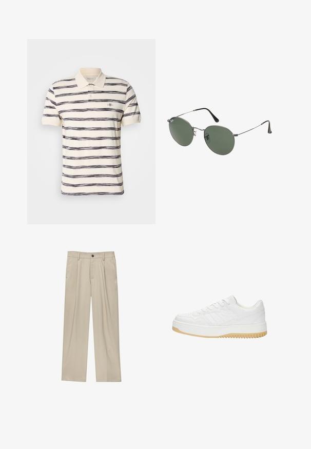 Raidallinen polo-paita vaaleankreemissä, jossa on tummansiniset vaakaraitat. Paitassa on taitettu kaulus, kaksi nappia ja pieni merkkilogo rinnassa.; Beige-housut suoran leikkauksen omaavina, joissa on yksi musta nappi, vyölenkit ja sivutaskut. Sileä kangas ja minimalisti muotoilu.; Valkoinen nahkakengät joissa on teksturoitu pinta, varustettuna kumipohjalla, nauhakiinnityksellä ja hillityillä raidallisilla yksityiskohdilla sivuilla.; Aurinkolasit metallikehyksillä, joissa on soikeat vihreät linssit. Ohut hopeinen metallikehys ja mustat korvapehmusteet. Minimalistinen muotoilu, ei näkyviä logoja.