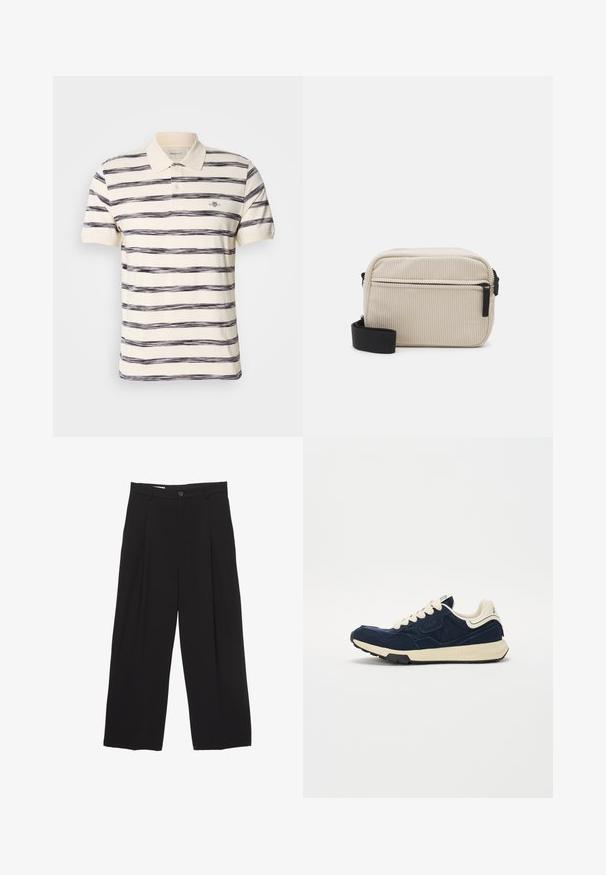 Stribet polo shirt i creme med marineblå vandrette striber. Har en foldet krave, to knapper og et lille mærke-logo på brystet.; Sorte bukser med bred benvidde lavet af glat stof, med flad talje, frontfolder og en enkelt knaplukning.; Marineblå sneakers med en struktureret ruskindsøvre, cremefarvede snørebånd og en beige mellemsål. Har et klassisk atletisk design og gummiydersål.; Cremefarvet kordfløjl crossbody taske med en sort lynlås, aftagelig skulderrem og struktureret mønster. Har et hovedrum og en frontlomme.